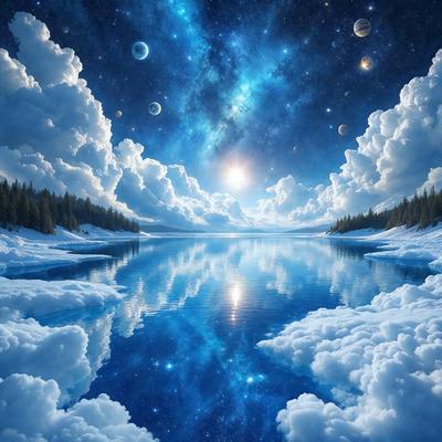 The primary subject of the image is a beautiful, serene scene of a lake at night, with a sky full of stars. The setting is a peaceful, snowy landscape, and the visual style is a combination of digital art and illustration. The colors and mood of the image are predominantly blue, with a touch of white, creating a calm and tranquil atmosphere.
